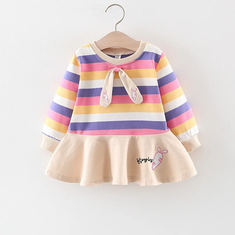 Baby Girls Dress Autumn Winter Cotton Long Sleeved Princess Dress Toddler Rainbow Striped Carrot Dress Children Bow Dress