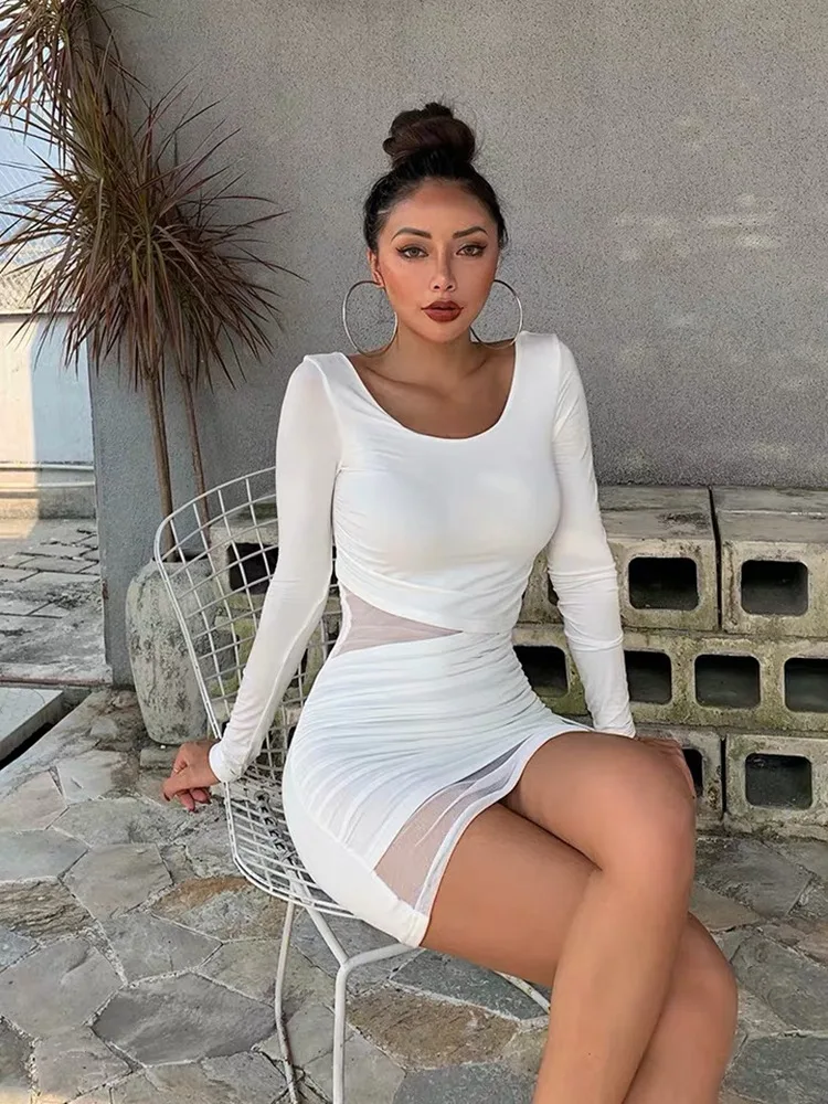 Осенне зимнее платье с длинным рукавом женское Сетчатое Сращивание пикантное