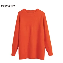 

MOYATIIY Women 2021 Fashion Loose Knitted Sweater Casual Orange Bright Color O-Neck Pullover Sweaters Long Sleeve Female Tops