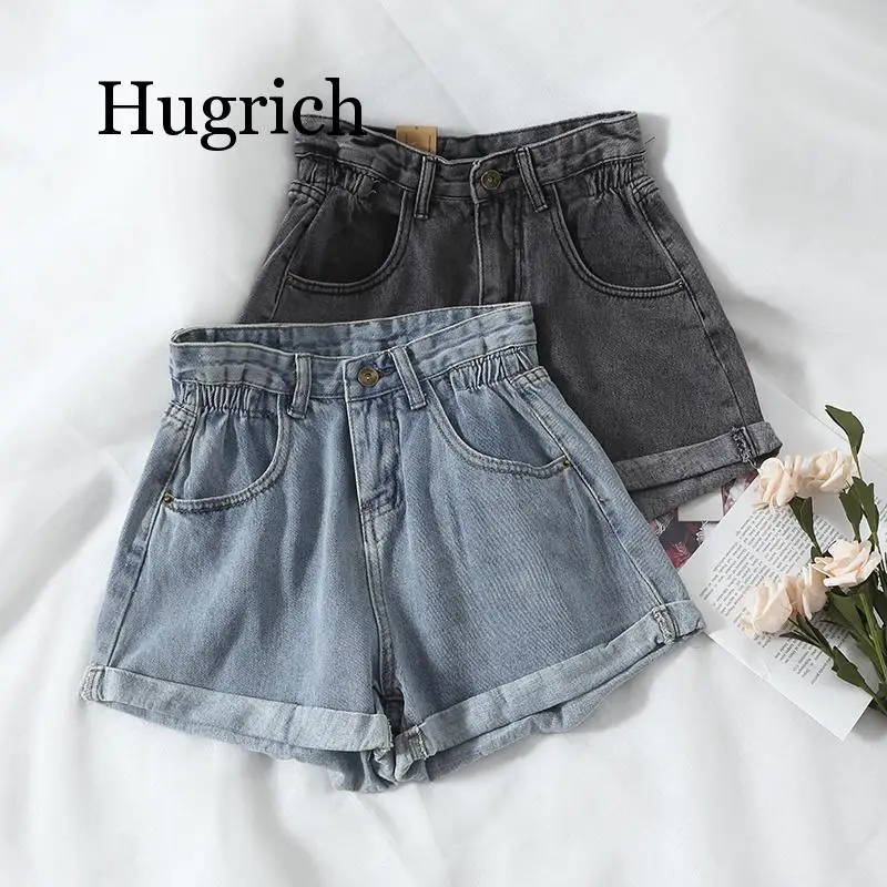 2020 Summer Vintage Curling Denim Shorts Women Button Zipper Pocket Elastic High Waist Jeans Short Female Hotpants