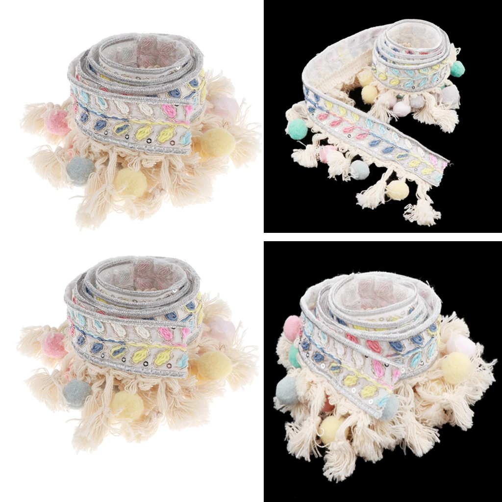 2 Yards Ethnic Style Ball Fringed Lace Jacquard Ribbon with Pompom Ball Trim