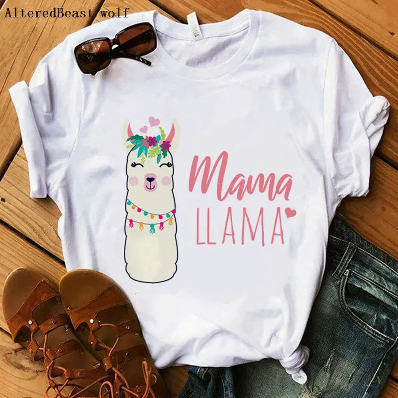 Футболка Mama Llama модная футболка с коротким рукавом Llama femme Забавные топы с принтом женская одежда llama белая Рождественская футболка - Цвет: as picture