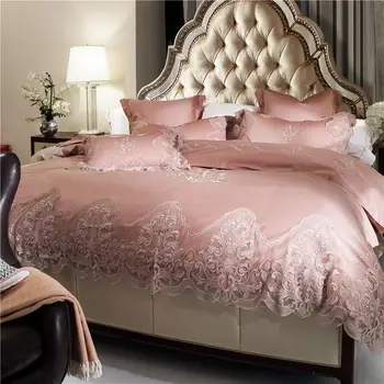 

40Egyptian cotton Lace luxury royal bedding sets tribute siky embroidery bedclothes 4/6pcs queen king bed sheet set duvet cover