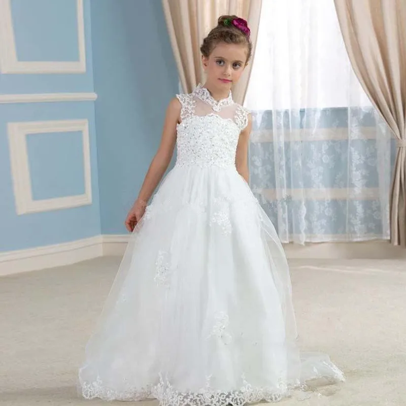 317White Tulle Lace Beaded sequins Flower Girl Dress,High Neck First Communion Dress,weddings Bridesmaid FlowerGirl Dress