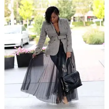 

Female Suit Korean Spring Fall Retro Stripe Blazer Long Women Coat Grid Belt Waist Slim Blazer