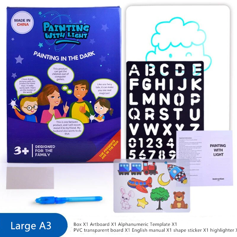 Draw with Light In Dark A3 Luminous LED Children Toys Tablet Magic Drawing Board Set Fluorescent Pen Educational Noctilucent Kid