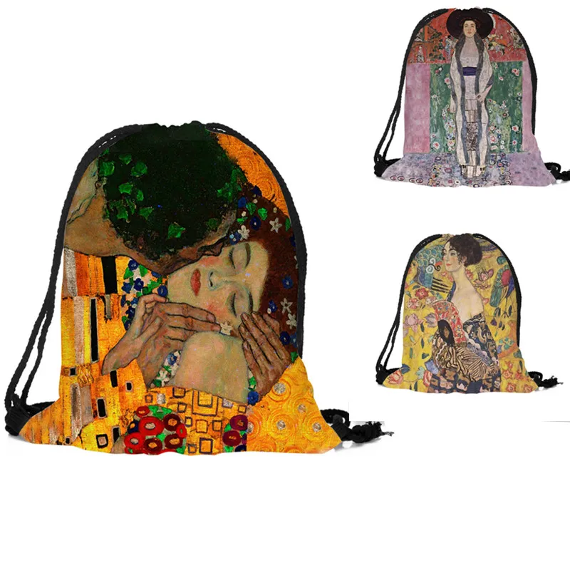 

Women Drawstring Bag Custom 3D Printing Fashion Gustav Klimt Oil Painting Tear Printing Large Capacity Backpack