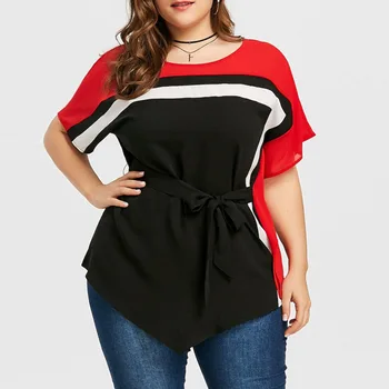 

New color contrast large women's bat sleeve waist tie top T-shirt