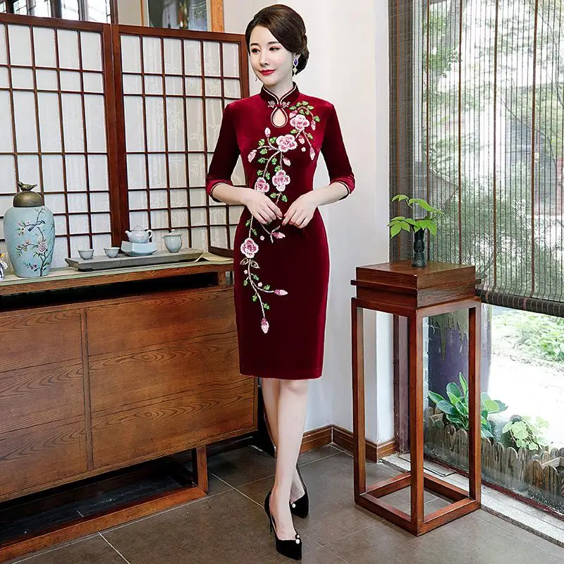 Черный сексуальный женский Qipao бархат зима новое традиционное китайское платье длинный тонкий благородный Cheongsam классический Vestidos Вечернее платье - Цвет: Burgundy3