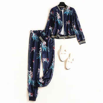 

Autumn Plus Size Chiffon Printed Suit 2019 Korean Europe Tracksuit Long Sleeves Jacket And Pencil Pants 2 Piece Set Women