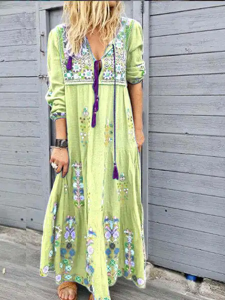 Stylish Drawstring Lace Long Sleeve Dress Bohemian Flower Printed Fashion Long Dresses Big Size 5XL 2020 New