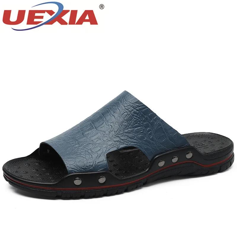 blue UEXIA мужские шлепанцы Летняя мужская обувь на плоской подошве г. Летние дышащие Пляжные Шлепанцы мужские шлепанцы из спилка размер 38-48 - Цвет: blue