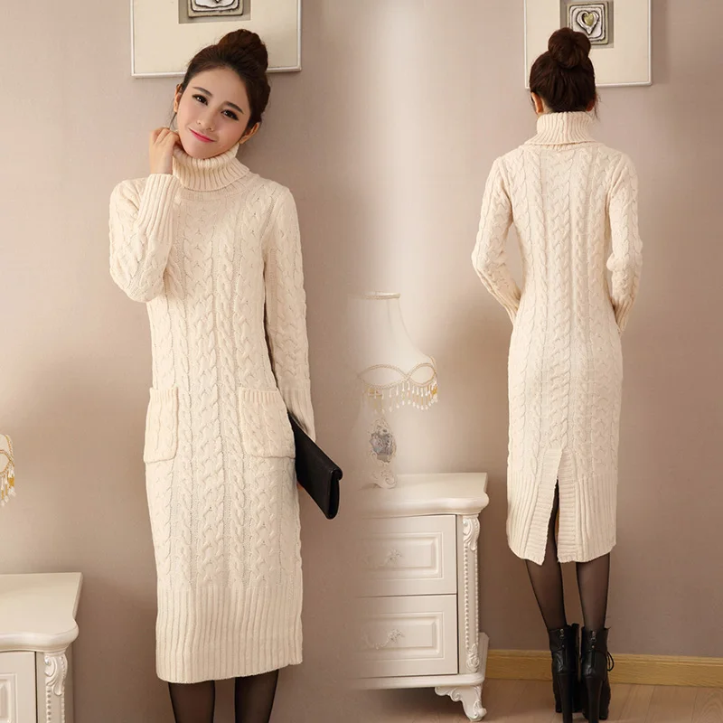 Kpop вязаное платье осеннее и зимнее платье-свитер модное женское вязанное элегантное платье с высоким эластичным воротником женское платье