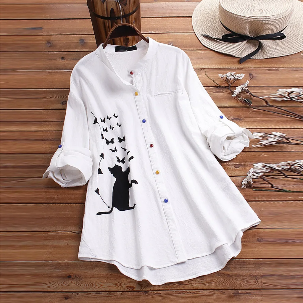 Cathalem Women T-Shirt Latest Long Sleeve Cotton Linen O-Neck Fish Print Blouse Plus Size Top Pullover