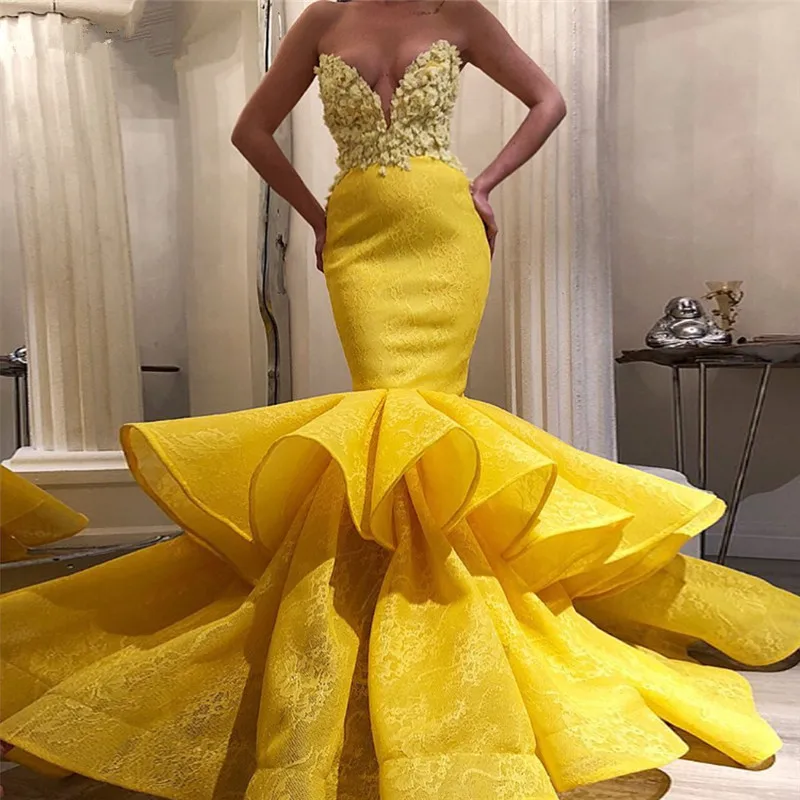 

Luxury African New Yellow Lace Mermaid Evening Dresses Robe de soiree Aibye Muslim Turkish Prom Gowns With Sleeves Abendkleider