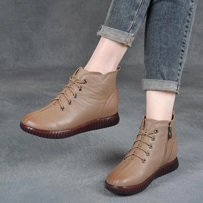 Botines planos con cordones para mujer, zapatos altos de cuero, botas cortas de felpa, botas de entretiempo para otoño, color el tobillo| - AliExpress