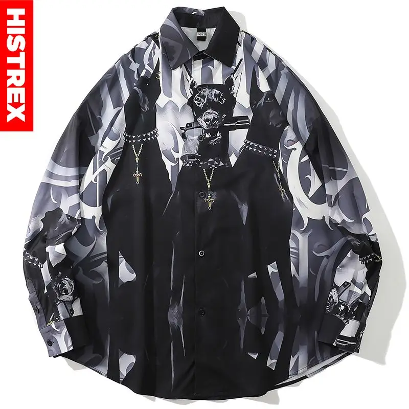 

HISTREX Gangsta Rap Dogs Gun Shirts For Men Clothing Harajuku Loose Fashion Dress Plus Size Designer 2022 Men's Shirts KXPG0#