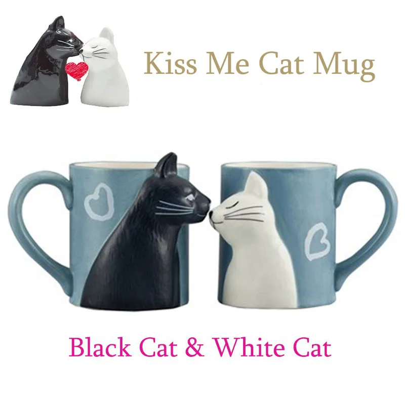 

2Pcs Ceramics Kiss Cat Cup Couple Mugs Lover Gift Morning Milk Coffee Tea Breakfast Cup Valentines Day for Matching Gift