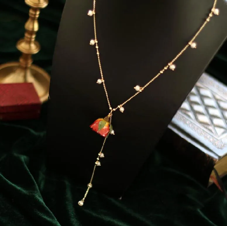 CSxjd модное жемчужное дерзкое ожерелье красная роза кулон с высушенным цветком ожерелье свадебное платье аксессуары личное ожерелье