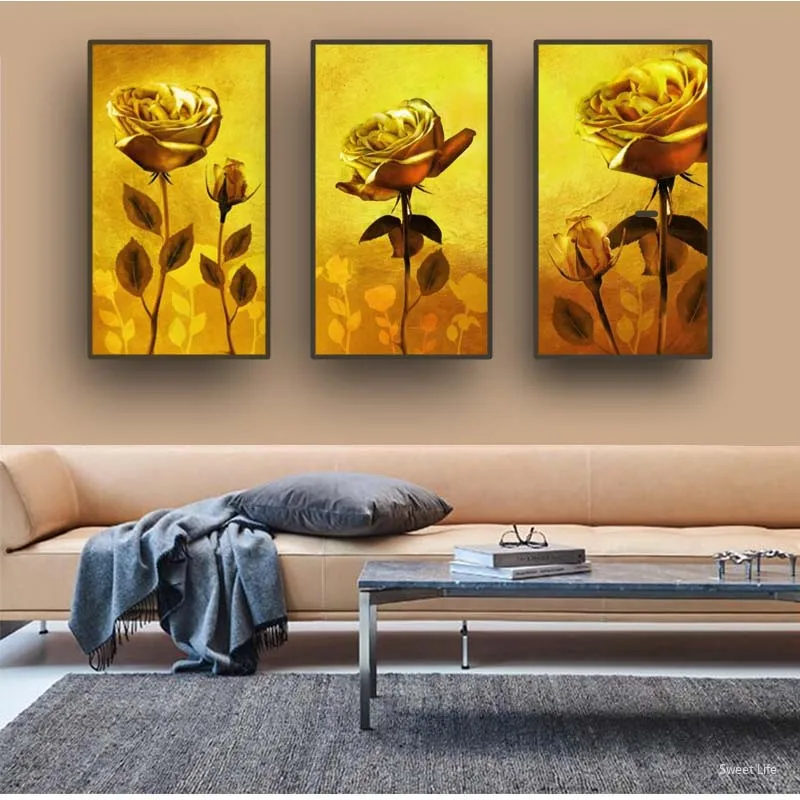 Golden rose flower golden background modern abstract art painting on canvas for murals and posters home decoration pictures | Дом и сад