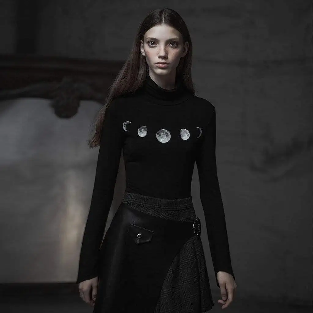 

Punk Rave Women's Goth Turtleneck Irregular Moon Printted T-shirt OPT-290TCF