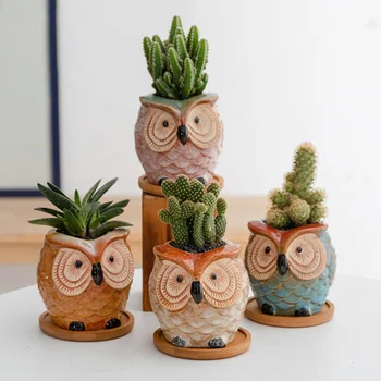 

4pcs Owl Style Ceramic Flower Pot Mini Succulent Plant Flower Pot Straight Round Potting Pot Household Flower Container with 4PC
