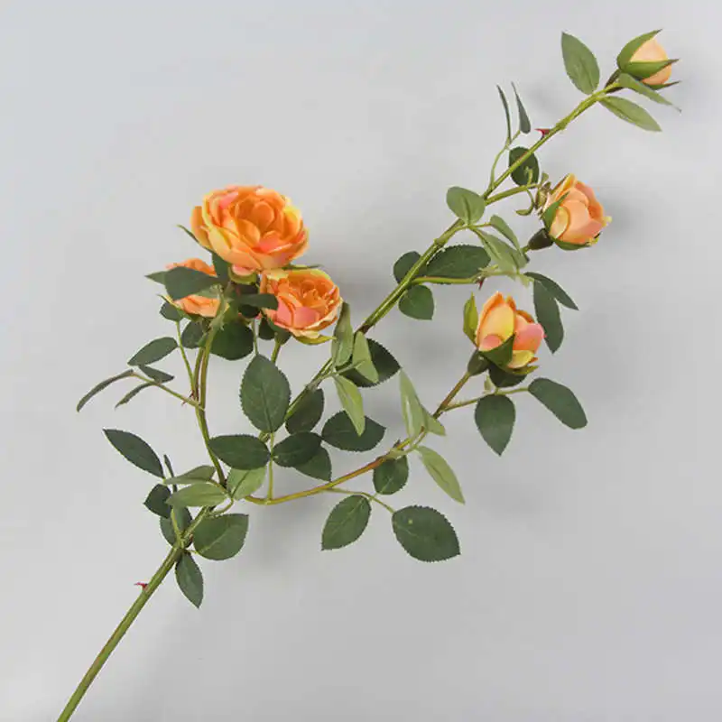 6 головок маленькая чайная роза поддельная ветка с цветами шелк Настоящее касание Искусственные цветы Камелия для украшения дома сада свадьбы Флорес - Цвет: Оранжевый