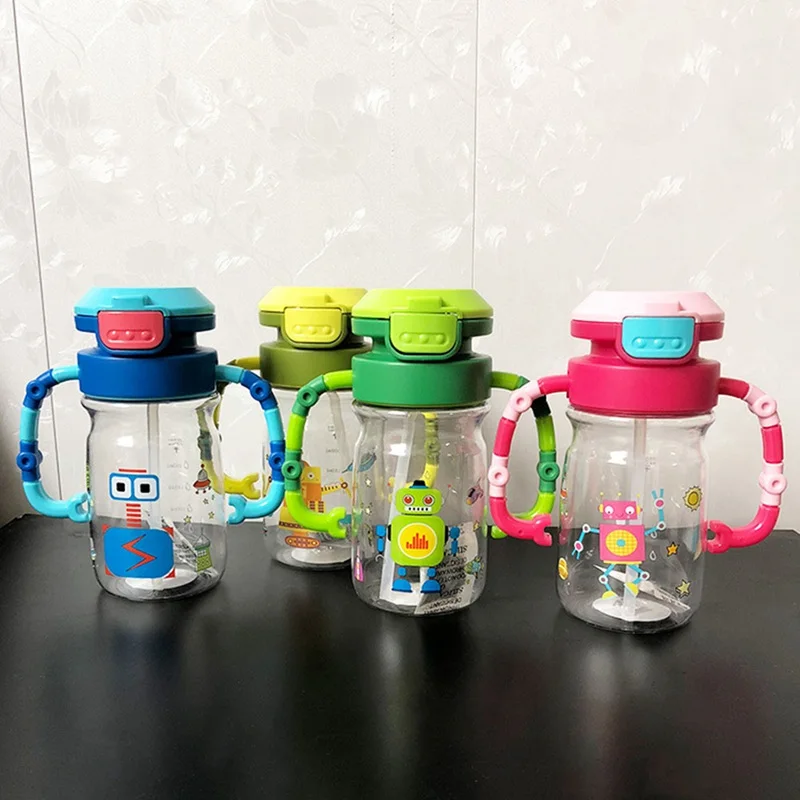 Lovely Baby Water Cup With Handle Cute Cartoon Robot Printed Kid Infant Water Bottle Kids Baby Feeding Cup