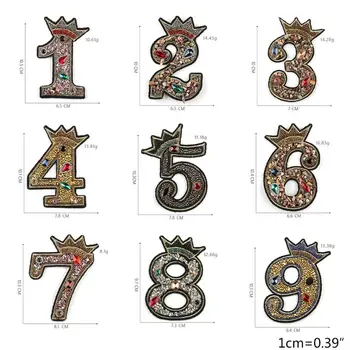 

0-9 Number Patch Rhinestone Beaded Crown Sewing/Iron On Applique Badge DIY Decor LX9E