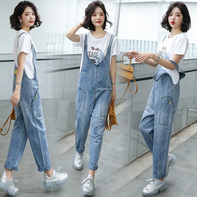 

2019 Summer New Style Fashion Onesie Set Korean-style Students Casual Loose Cowboy Suspender Pants Two-Piece Women's