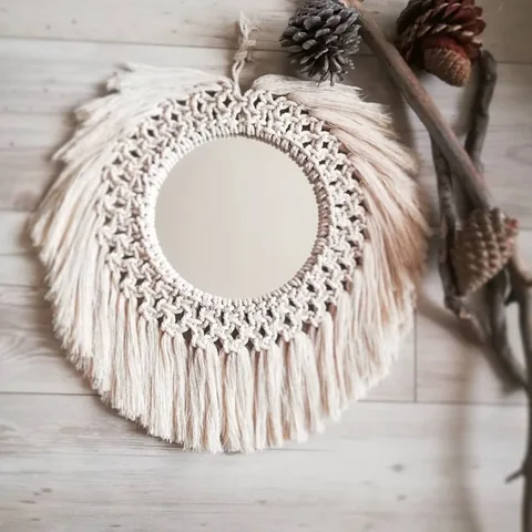 Decor Macrame Mirror Handmade Tapestry Makeup Mirror Compact Bohemia Decoration Home Bedroom Decorative Mirrors Wall Mirror