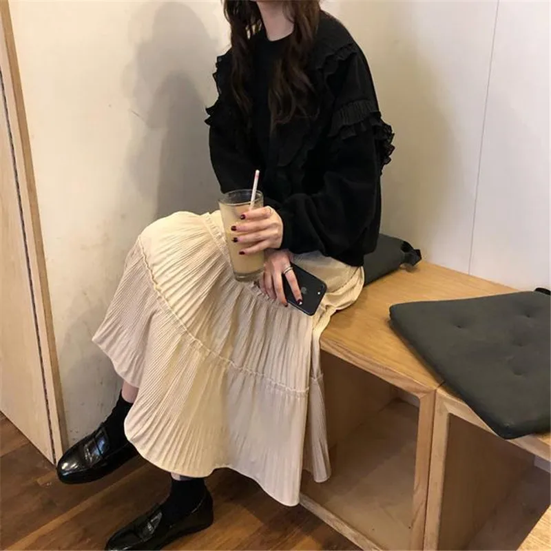 Black Apricot Ruffles Pleated Skirt Women Korean Harajuku Autumn Spring Streetwear Long Skirt Elegant Faldas Mujer Moda