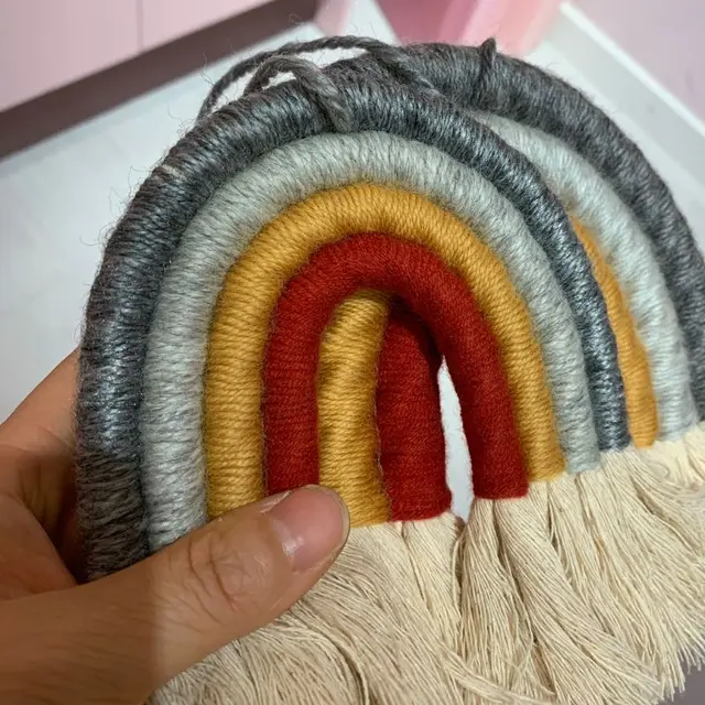 OOTDTY Nordic Handwoven Rainbow Macrame Tapestry INS Boho Tassel Tapestry Wall Handing Decor For Nursery Home Baby Room Decor 5