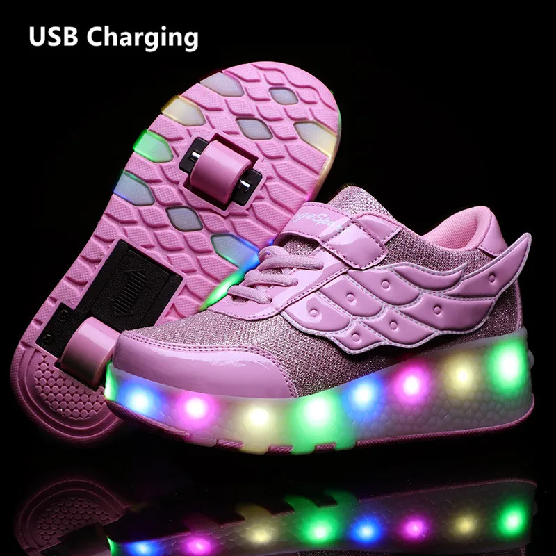 girls leather shoes New One wheels USB Charging Fashion Girls Boys LED Light Roller Skate Shoes For Children Kids Sneakers With Wheels Two wheels children's shoes for adults Children's Shoes