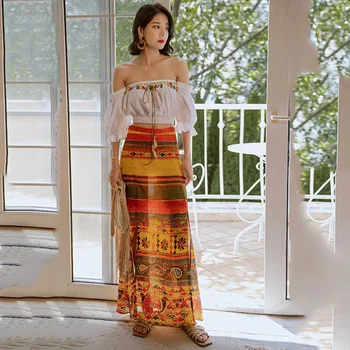 

Summer Bohemian Two Piece Set Women Strapless Crop Tops + Vintage Split Long Maxi Skirts Set Oufit Beach Wear Matching Set B281