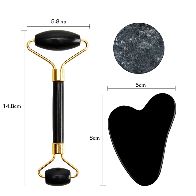 New Jade Roller Massager Gouache Scraper for Face Facial Skin Care Tools Natural Body Back Beauty Lifting Massagers Rollers Set A-Black-Set1