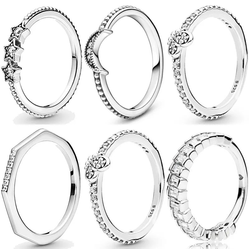 Original 925 Sterling Silver Dazzling Butterfly Crescent Moon &amp Star Beaded Classic Wish Ring For Women Gift Popular Diy Jewelry |