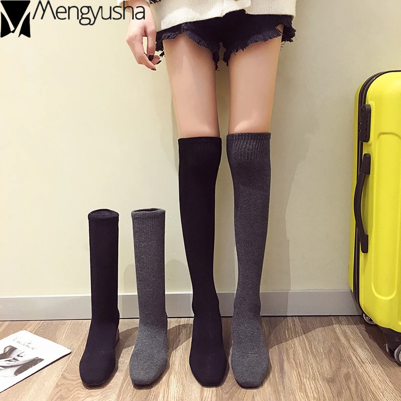 

Stretch knitted socks boots silver thick heels fashion cheslea botas mujer over the knee booties slim elastic woman bottes femme