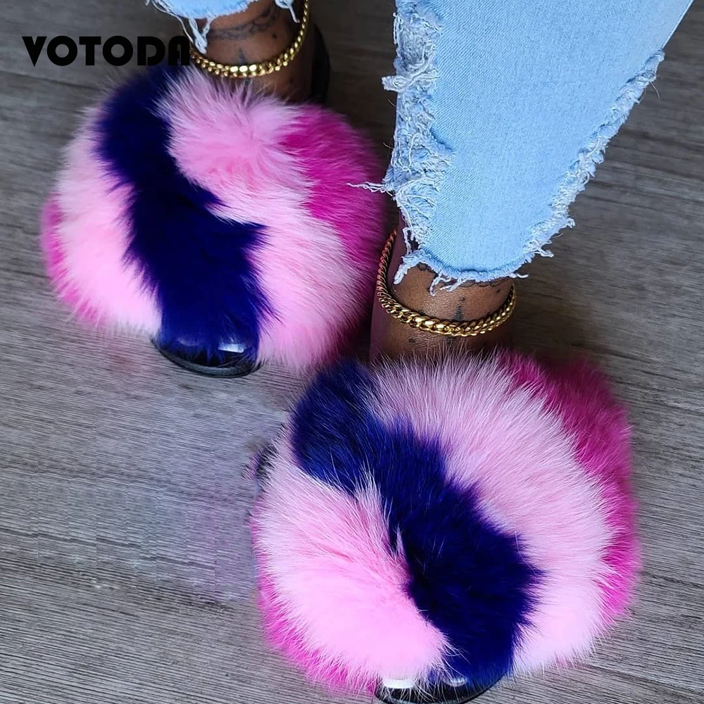 Summer Women Fur Slippers Fluffy Raccoon Fur Slides Girl Furry Fox Fur Sandals Wholesale Cute Flat Home Shoes Flip-Flop Dropship