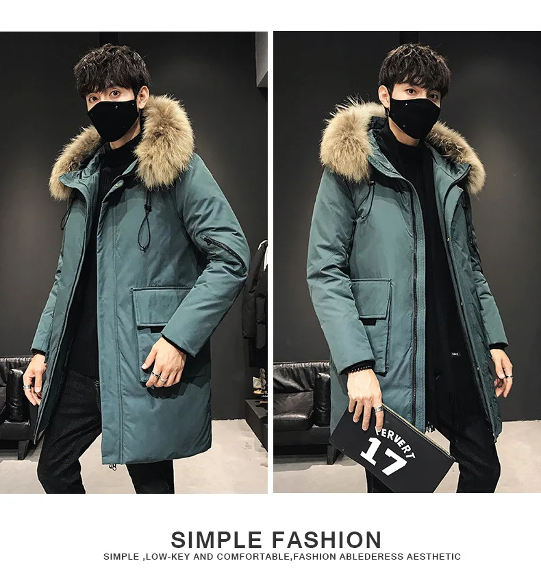 Пуховик Для Мужчин's средней длины Slim Fit большой меховой воротник плотное пальто молодежная мода теплые сапоги выше колена, верхняя одежда