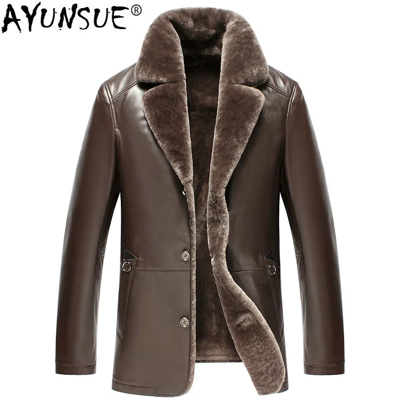 

AYUNSUE Genuine Leather Jacket Men Winter Real Woo Fur Coat Men's Sheepskin Coat Plus Size 2019 Chaqueta Cuero Hombre KJ1176