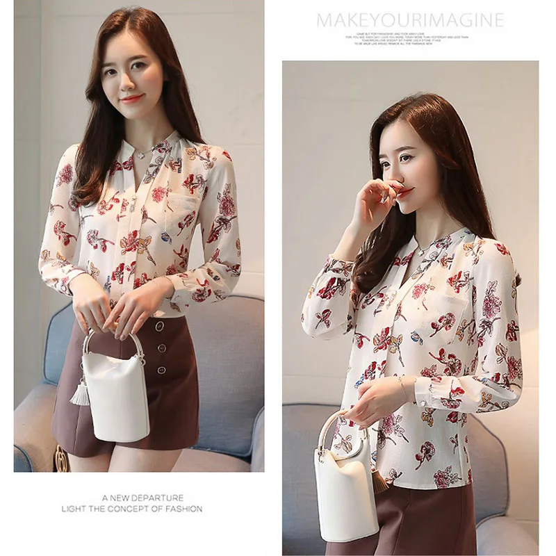 Женская шифоновая блузка с длинным рукавом принтом|Блузки| |