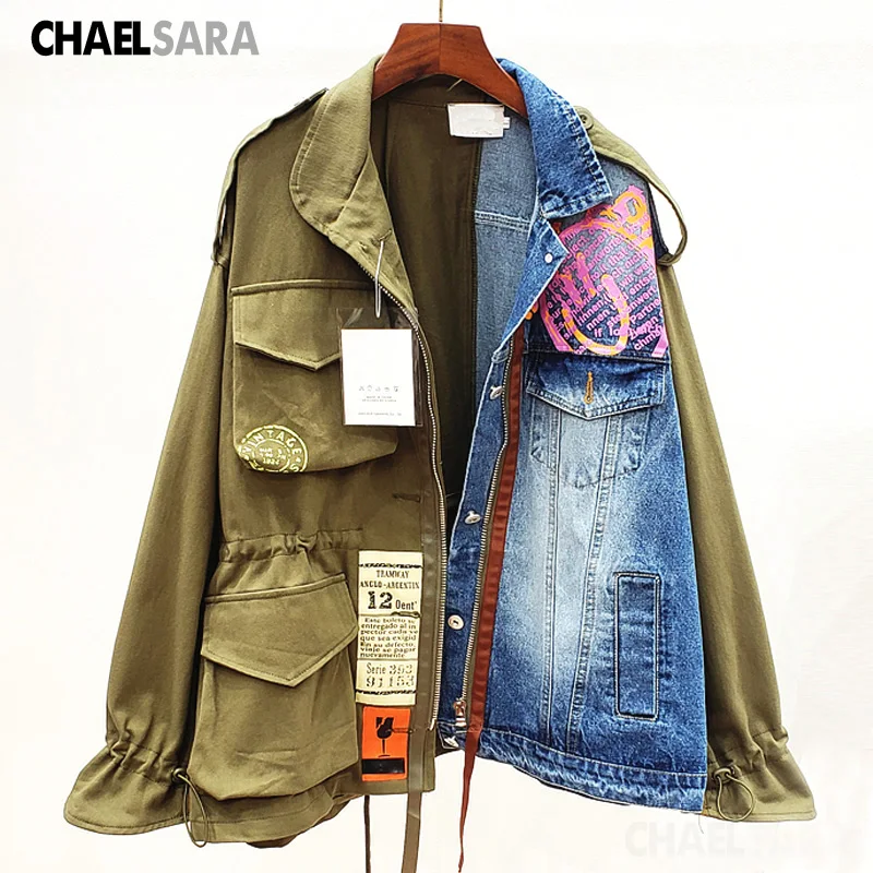 

2020 New Streetwear Splice Denim Jacket Women Spring Autumn Print Lady Korean Casual Loose Jeans Coat Female