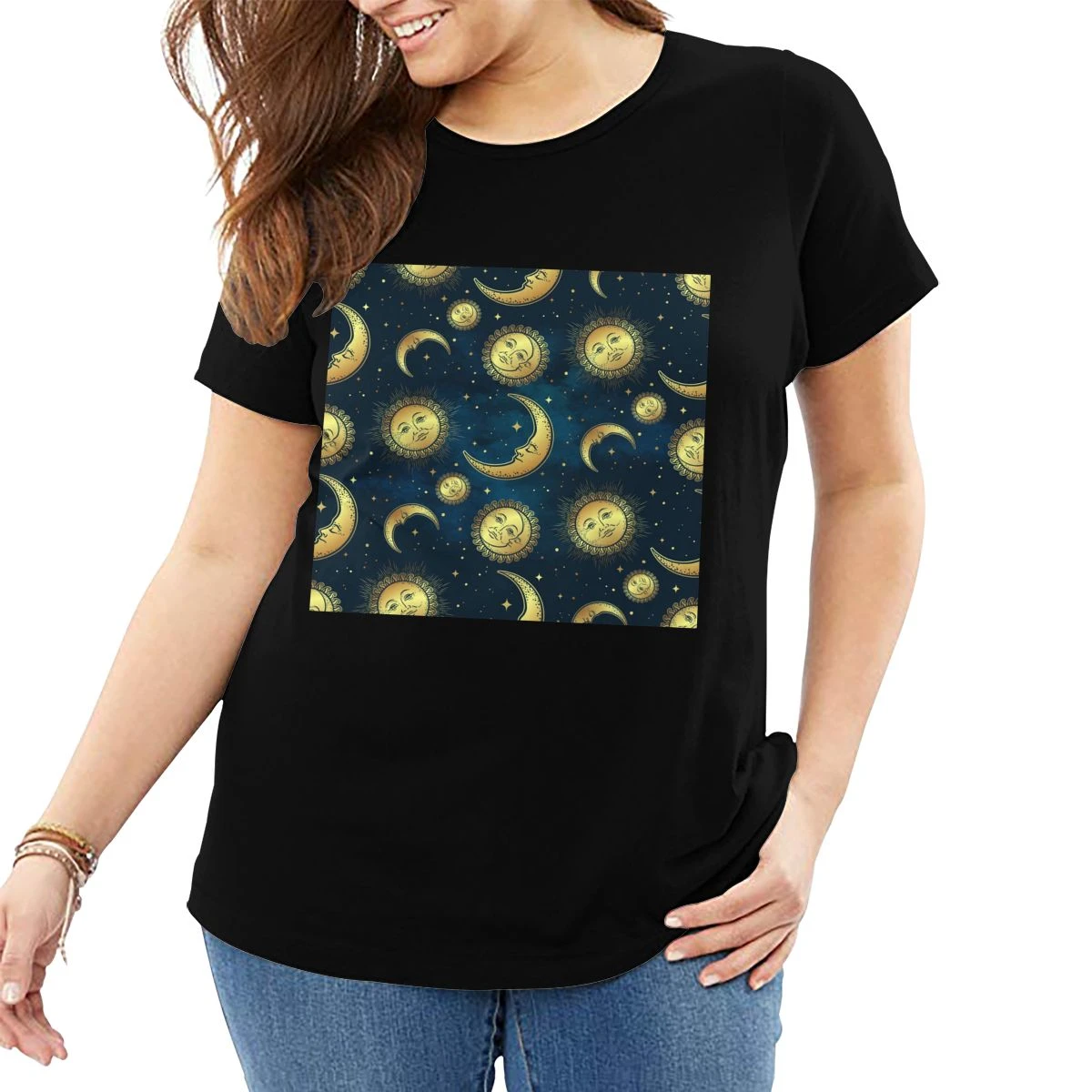 Sol de oro y las estrellas por Noche azul cielo T camisa de manga corta de  las mujeres camiseta, Tops de verano, de gran tamaño Top suelto de las  mujeres|Camisetas| - AliExpress