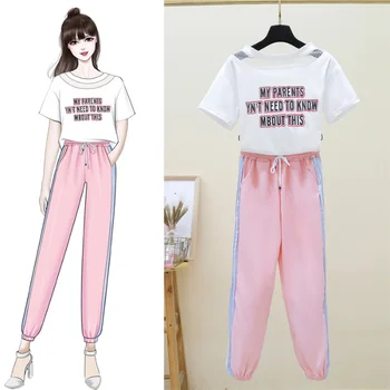 

2020 Summer Women Sets Short Sleeve Casual T-shirt Pullover Tops+fashion Female Harem Pants High Waist Trousers Two Piece Sets