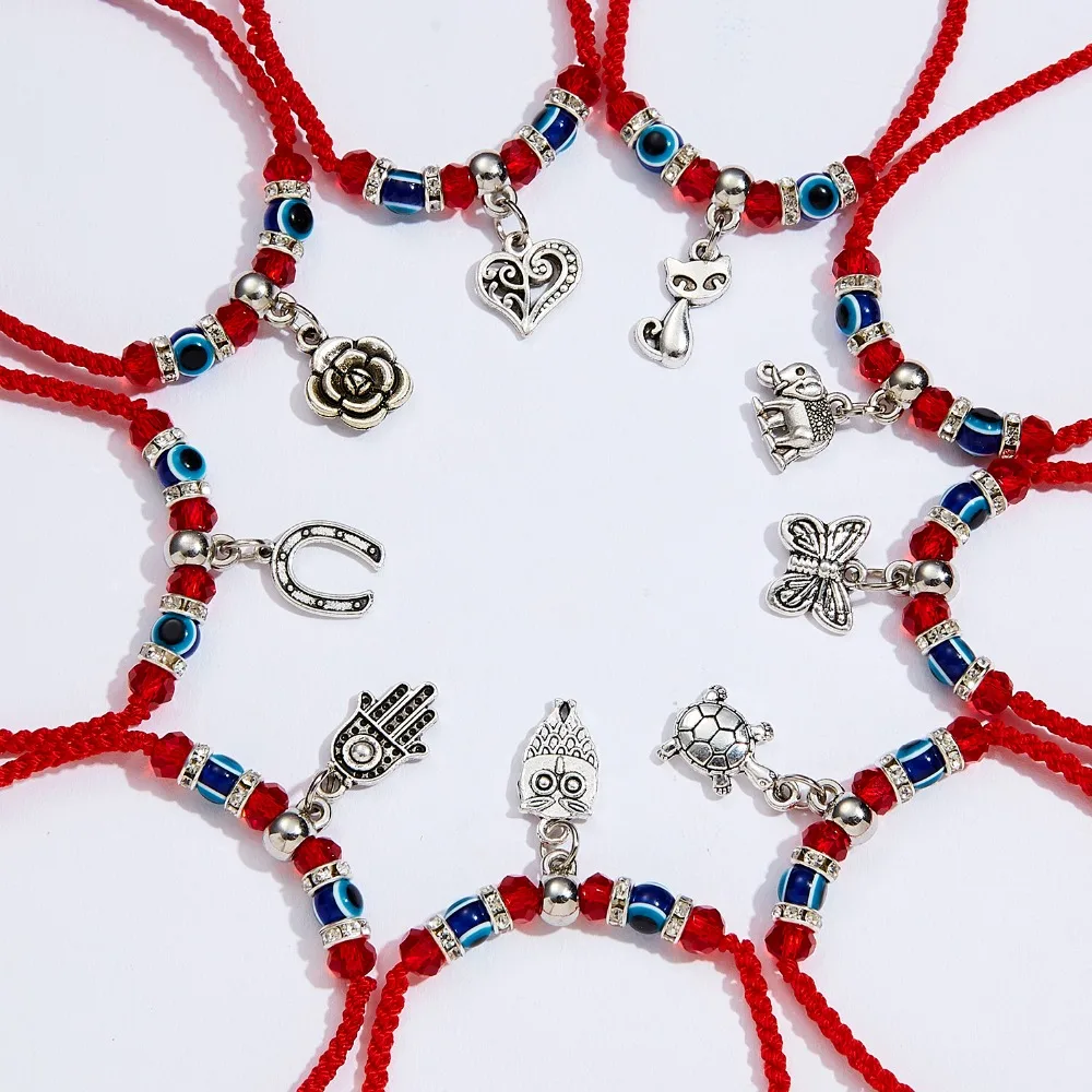 9 стилей плетеная красная нить на удачу Хамса браслет с подвесками на руку синий бисер, от сглаза браслет мода дружбы ювелирные изделия для женщин мужчин