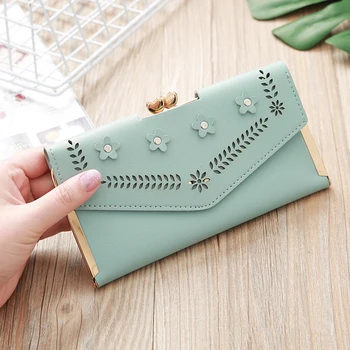 

2020 Hollow Out Leaf Women Wallet Long PU Leather Women Purse Korean Style Ladies Wallet Clutch Beautiful Card Holder