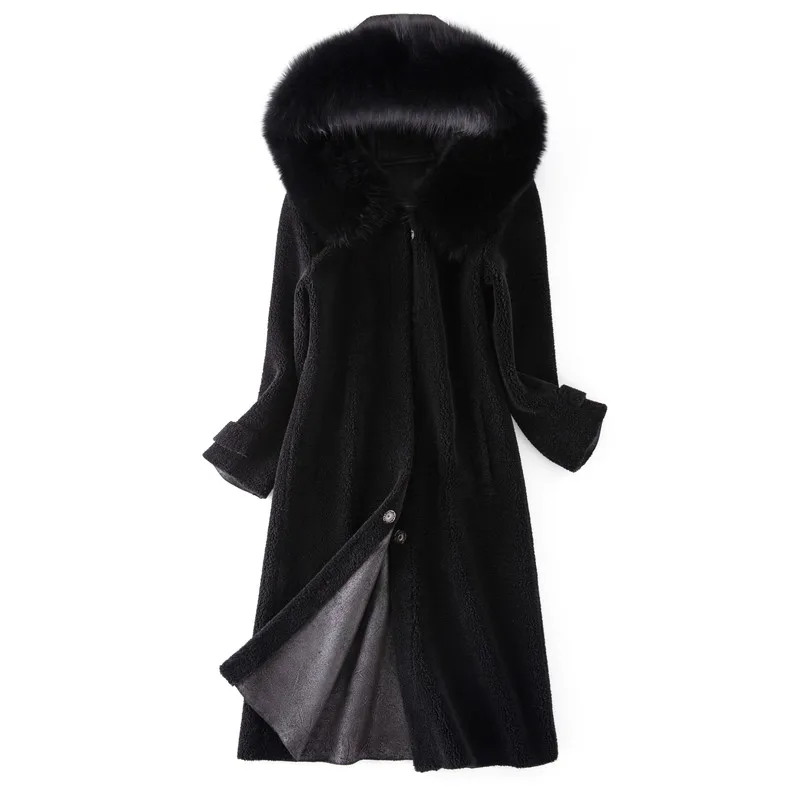 Женская новая зимняя длинная одежда натуральная овечья шерсть шуба с натуральным лисьим меховым воротником с капюшоном меховая куртка sr715