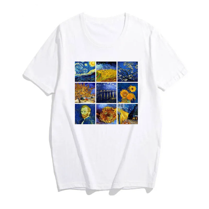 Новинка, рисунок Ван Гога, масляная живопись, решетки, принт, милые повседневные топы с коротким рукавом, женские летние футболки Харадзюку - Цвет: 2095