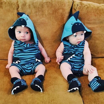 

Romper Sleeveless Baby Boys Girls Cute Cartoon little shark Cotton Striped Hooded Jumpsuit Summer 0-24 M